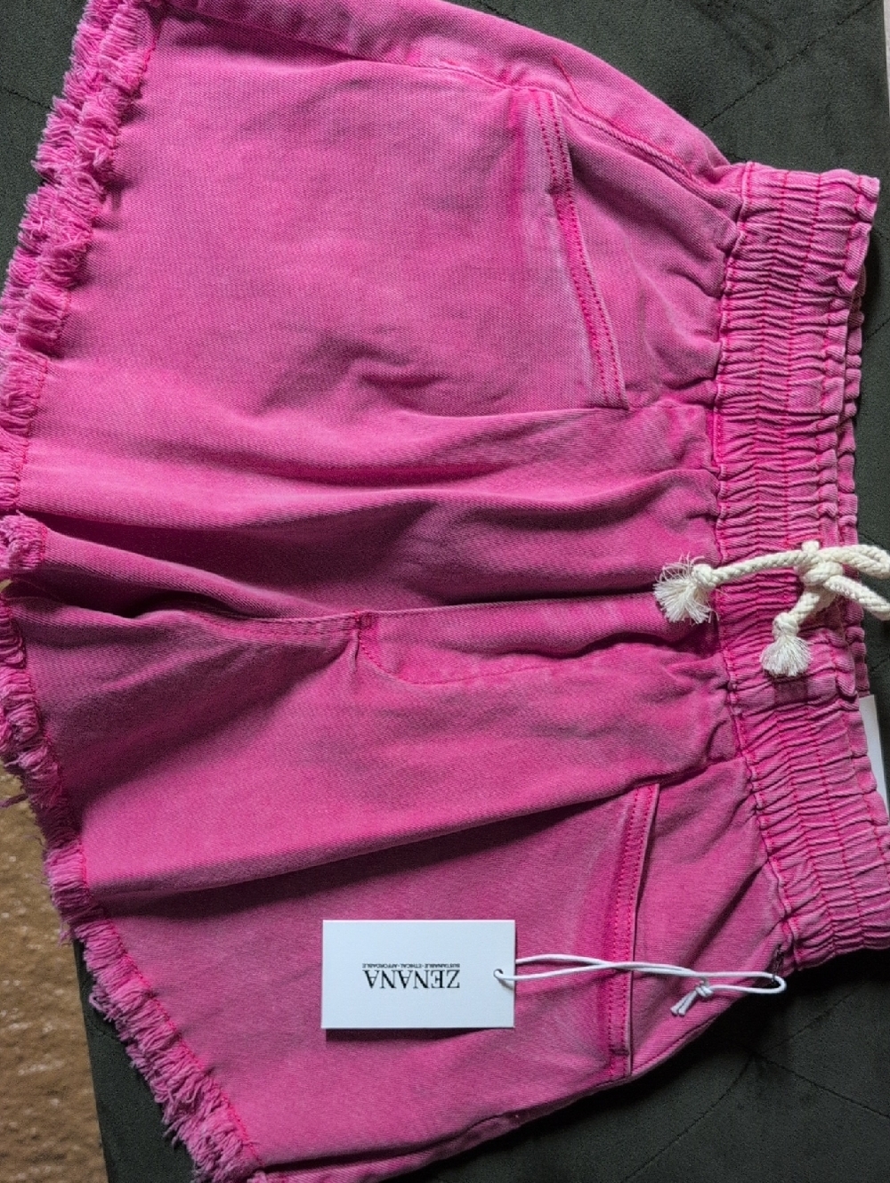 Zenana Outfitters Hot Pink Fringed Drawstring Jean Shorts